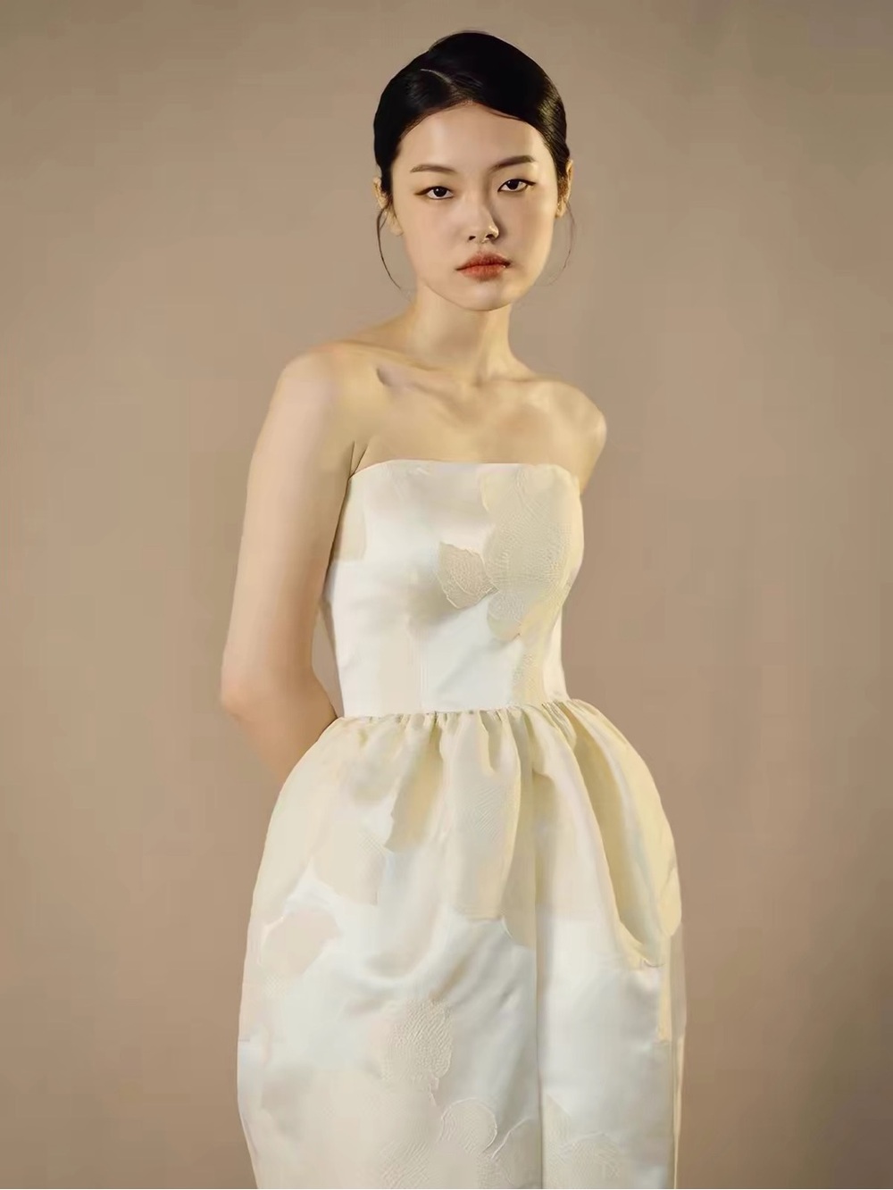 Strapless Floral Jacquard Midi Dress in Ivory - Picture 3 of 9
